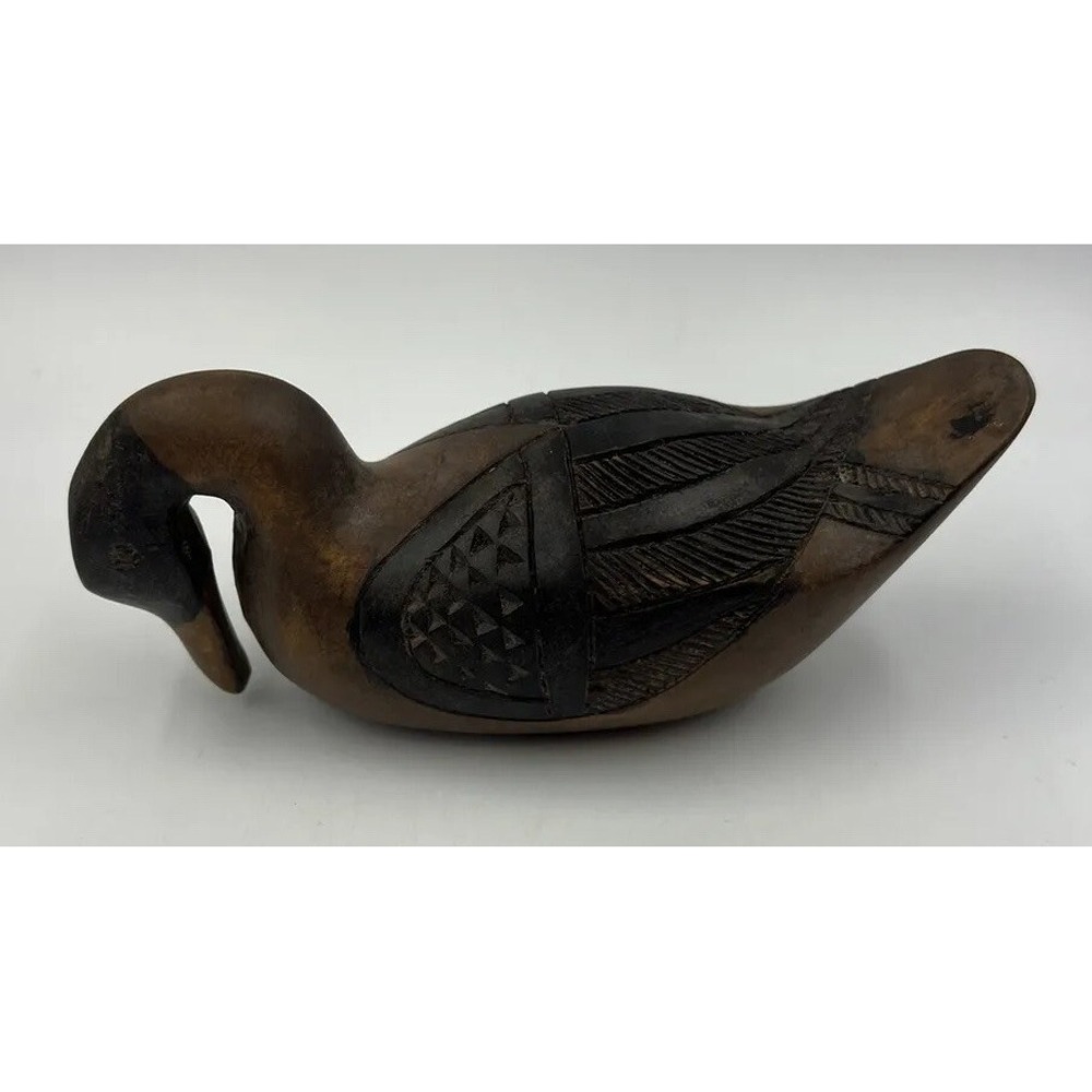 Vintage Hand Carved Wood Duck Figurine Decorative Folk Art Brown 7"